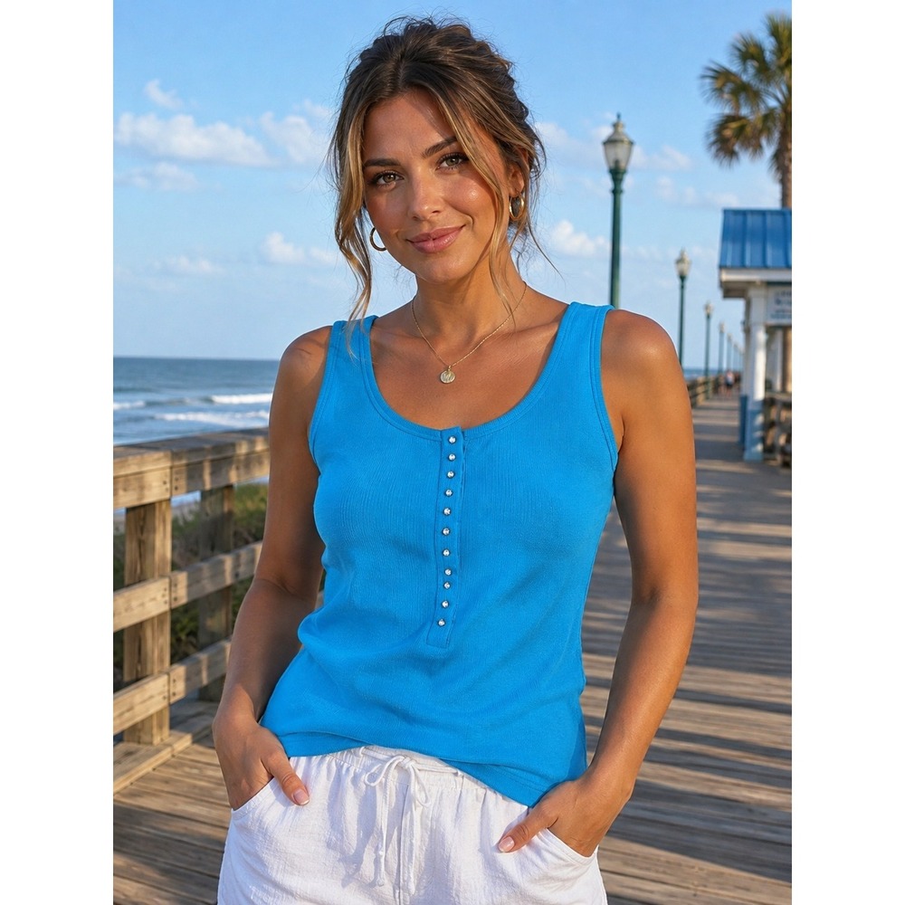 Haven Bleu Womens XL Blue Ribbed Tank Top Rhinestone Y2K 100% Cotton Bling -395